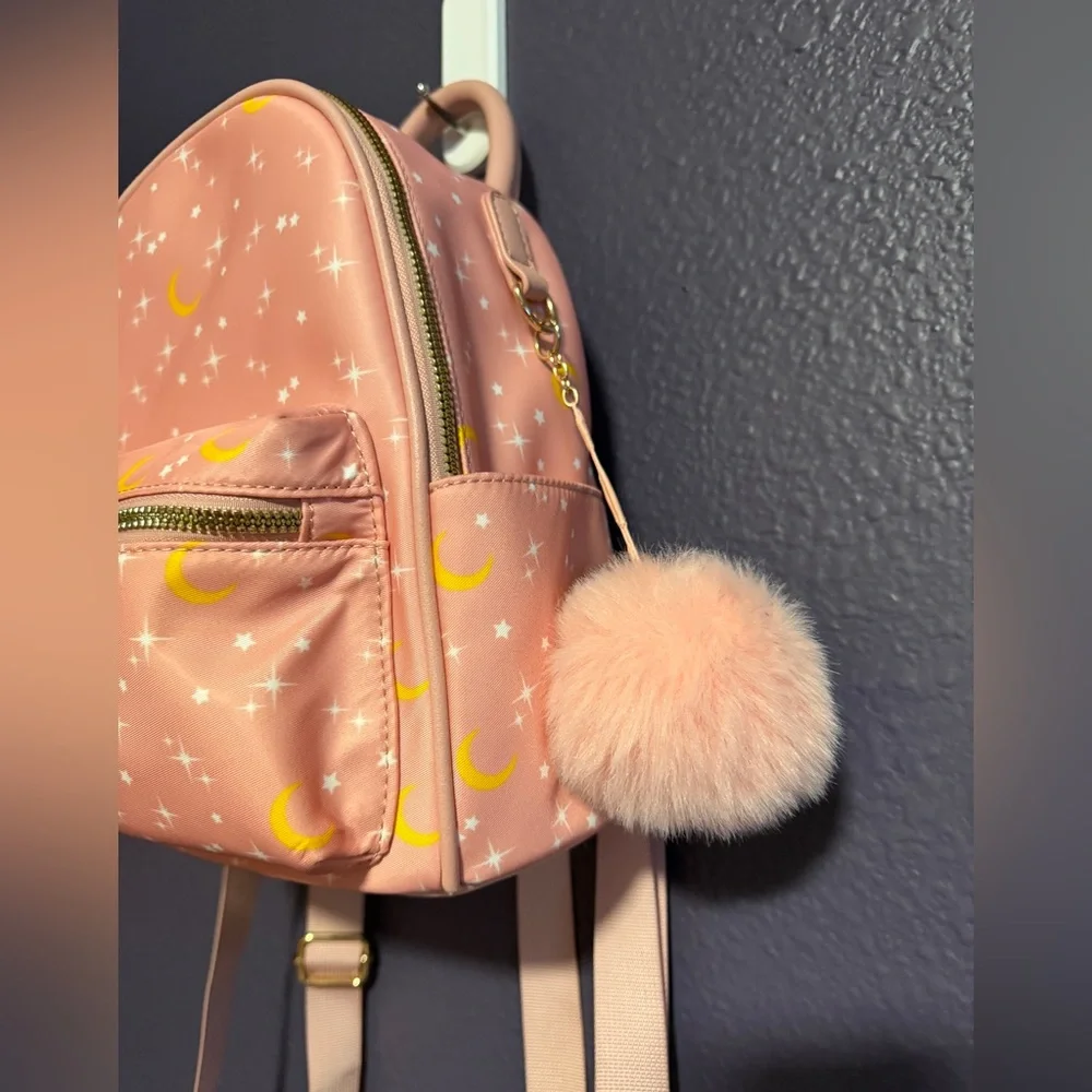 Moon and Stars Pink Celestial Print Backpack with Puff Ball Charm
